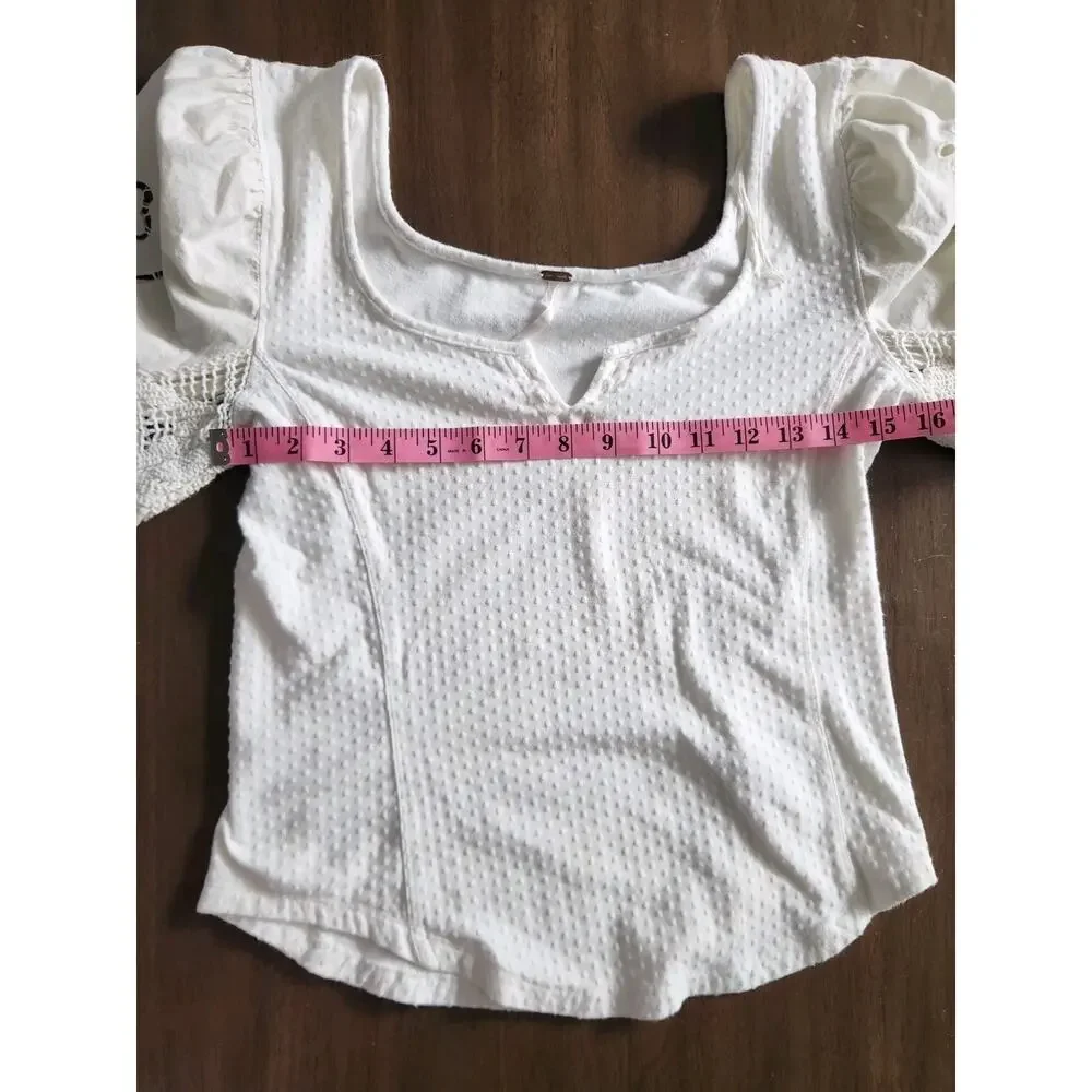 Free People Brunch Date Split Neck 3/4 Puffed Lace Sleeve Top Size Medium
